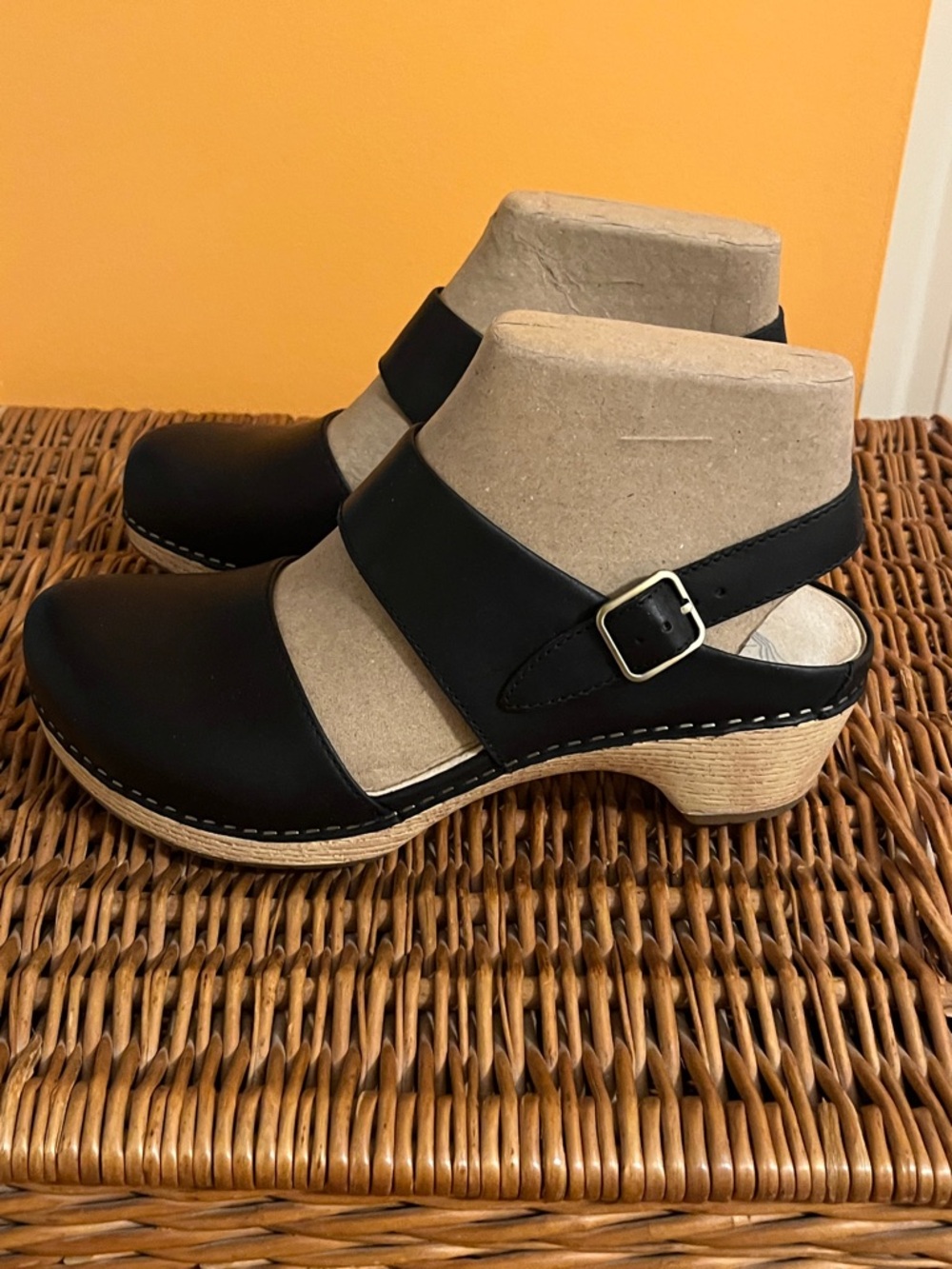 Dansko Black Leather Clog Mules with Wood Platform